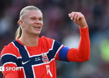Erling Haaland celebrates scoring for Norway