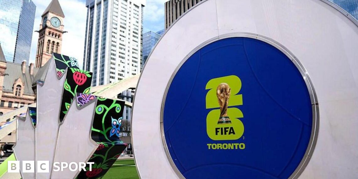 The Toronto sign decorated with FIFA World Cup graphics is seen at Nathan Phillips Square