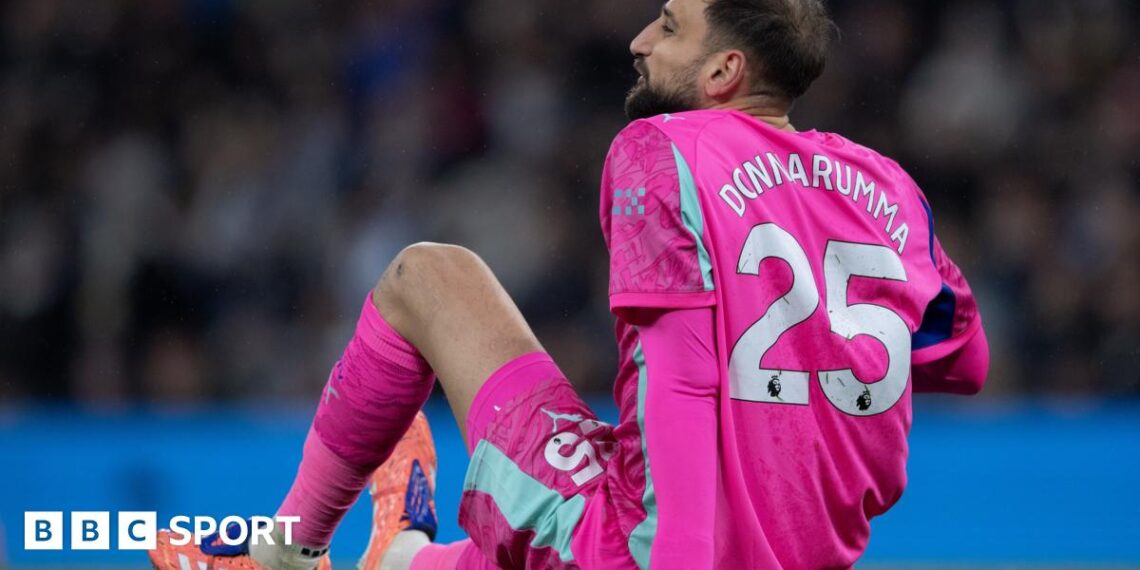 Manchester City goalkeeper Gianluigi Donnarumma sitting on the floor during their Premier League game against Leeds United in November