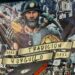 A tifo featuring a miner holding a pasty and a pickaxe
