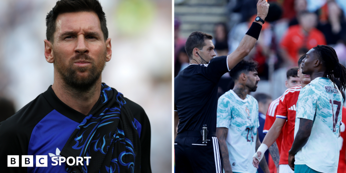 A split picture showing Argentina forward Lionel Messi and Portugal forward Rafael Leao being red-carded