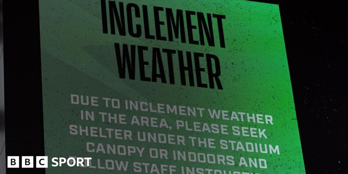 A message at the Q2 Stadium in Texas tells fans to seek shelter because of extreme weather