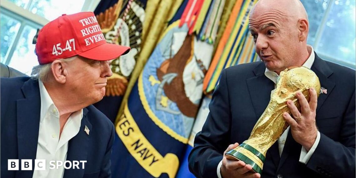 Stylised image of Donald Trump looking at Gianni Infantino holding the World Cup with dollar bills behind their heads