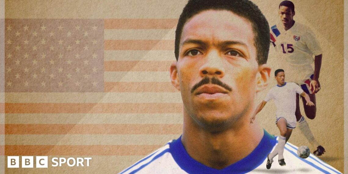 Graphic showing Desmond Armstrong against a background of the USA flag