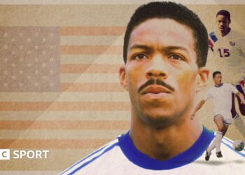 Graphic showing Desmond Armstrong against a background of the USA flag