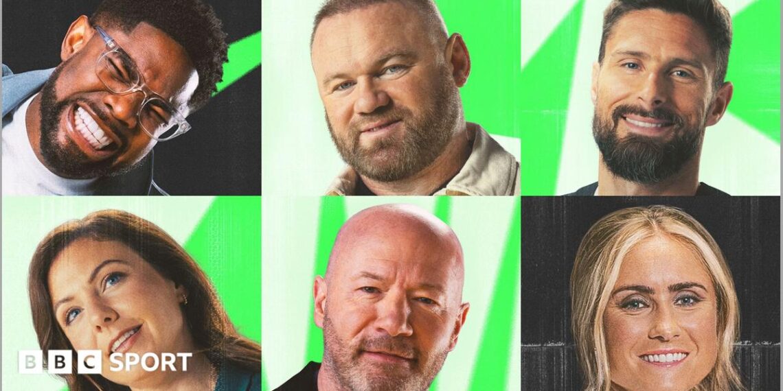 BBC pundits, clockwise from top left: Micah Richards, Wayne Rooney, Olivier Giroud, Steph Houghton, Alan Shearer and Rachel Corsie
