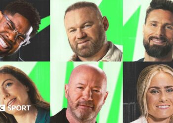 BBC pundits, clockwise from top left: Micah Richards, Wayne Rooney, Olivier Giroud, Steph Houghton, Alan Shearer and Rachel Corsie